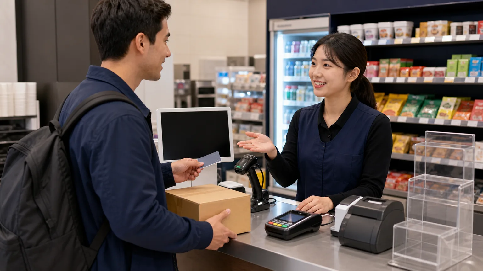 A learner asks a convenience store cashier about a parcel and a transport card.