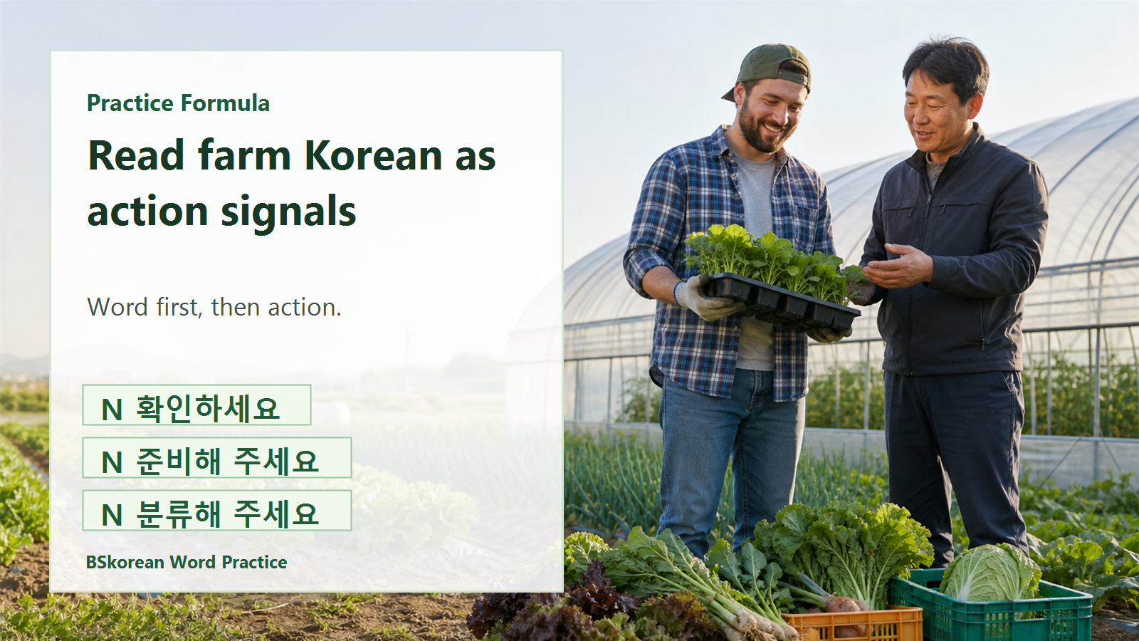 Korean agriculture Learn Korean formula slide for checking, preparing, and sorting farm items