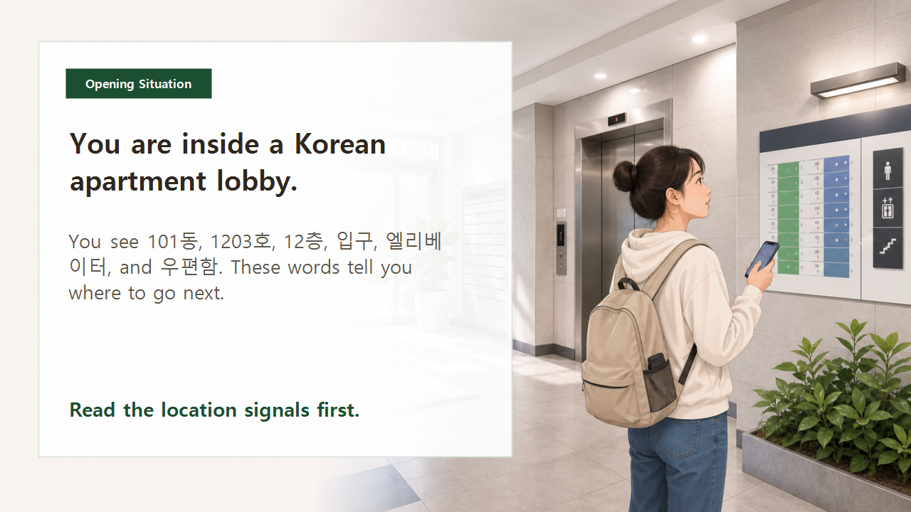 Korean apartment words opening situation slide for finding building, unit, and floor in Korea