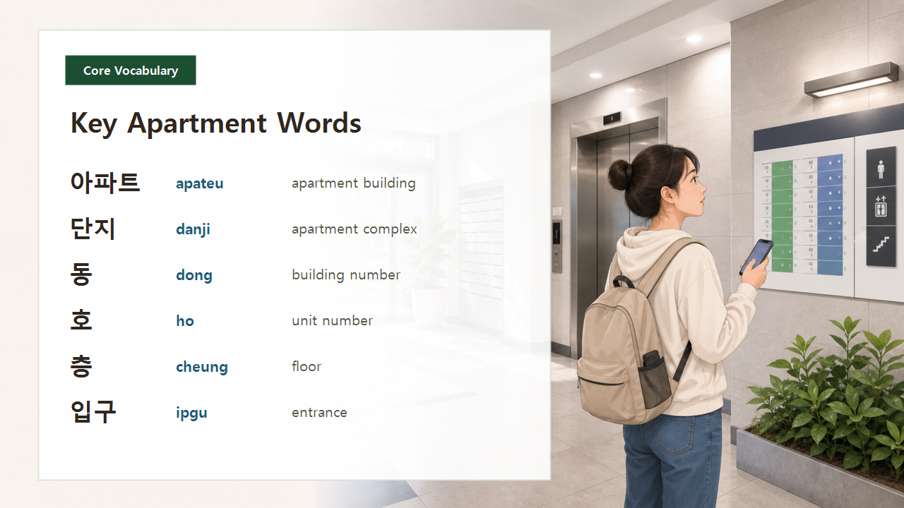 Korean apartment vocabulary slide for apartment, complex, building number, unit, floor, and entrance