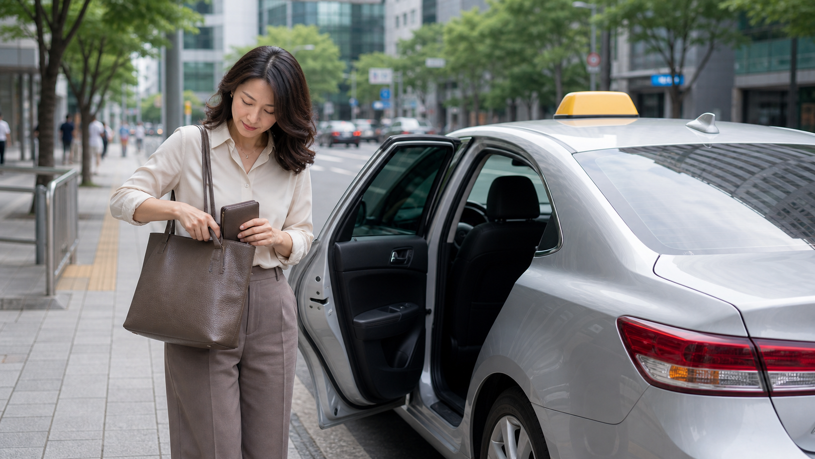 Adult woman outside a taxi checking her bag and wallet before leaving.