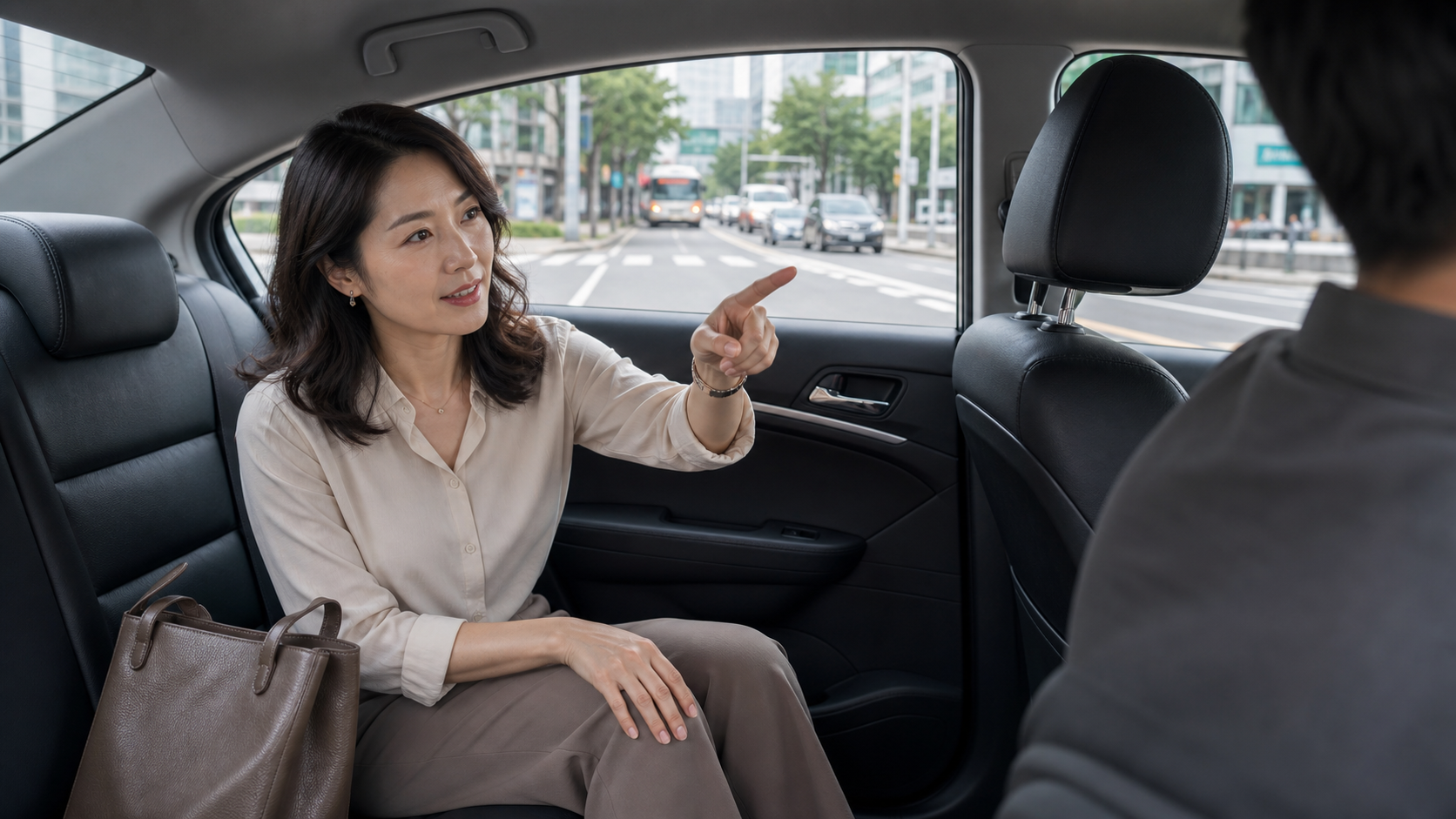 Adult woman in a taxi confirming her destination without showing a phone.