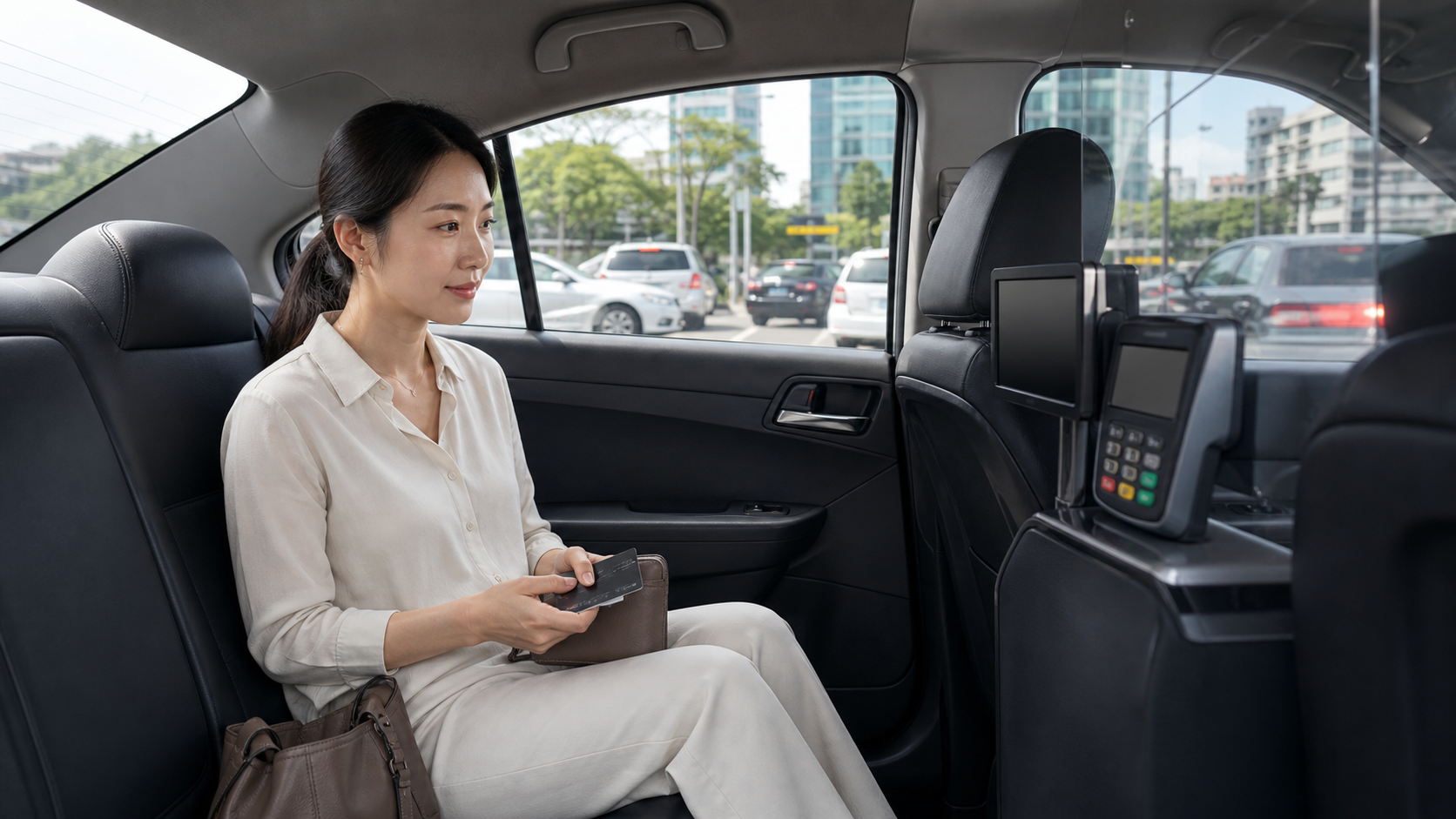 Adult woman in a taxi preparing to pay while looking at the meter.