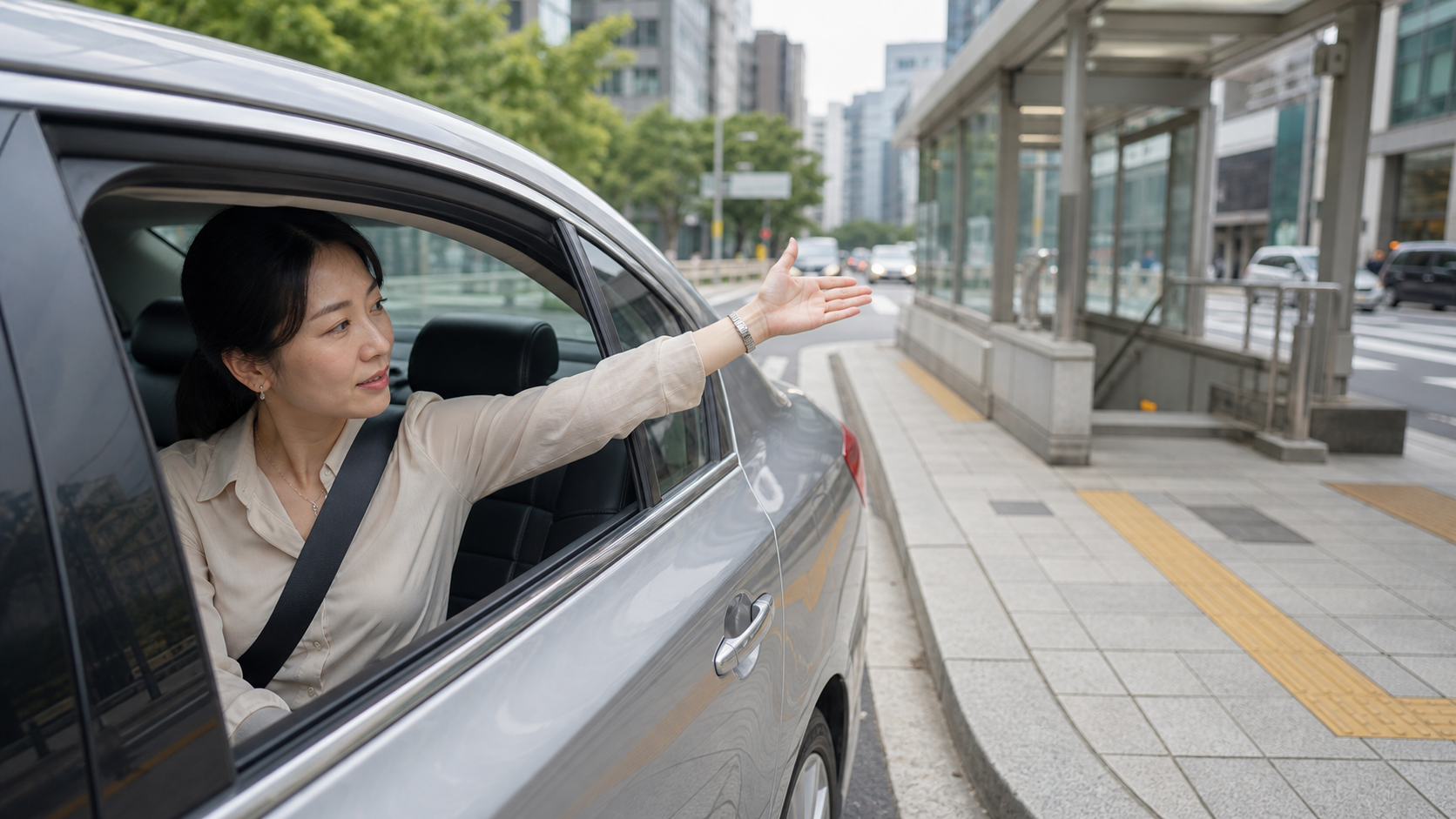 Adult woman in a taxi politely asking to stop near a safe curb.