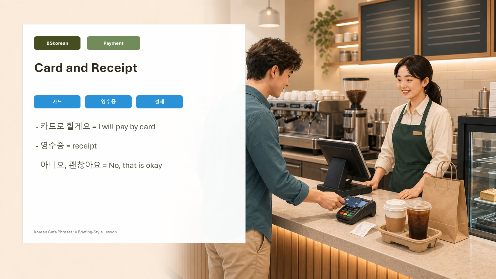 Korean Cafe Phrases slide showing card payment and receipt at a Korean cafe counter