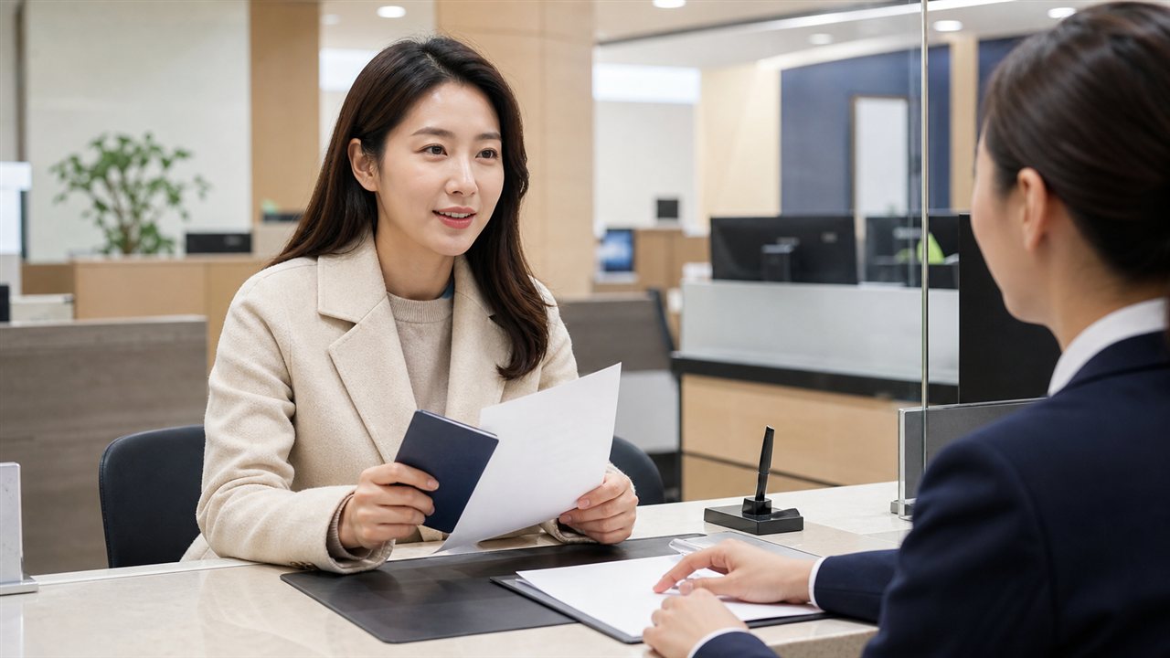 Adult woman showing ID and a blank application form at a bank counter.