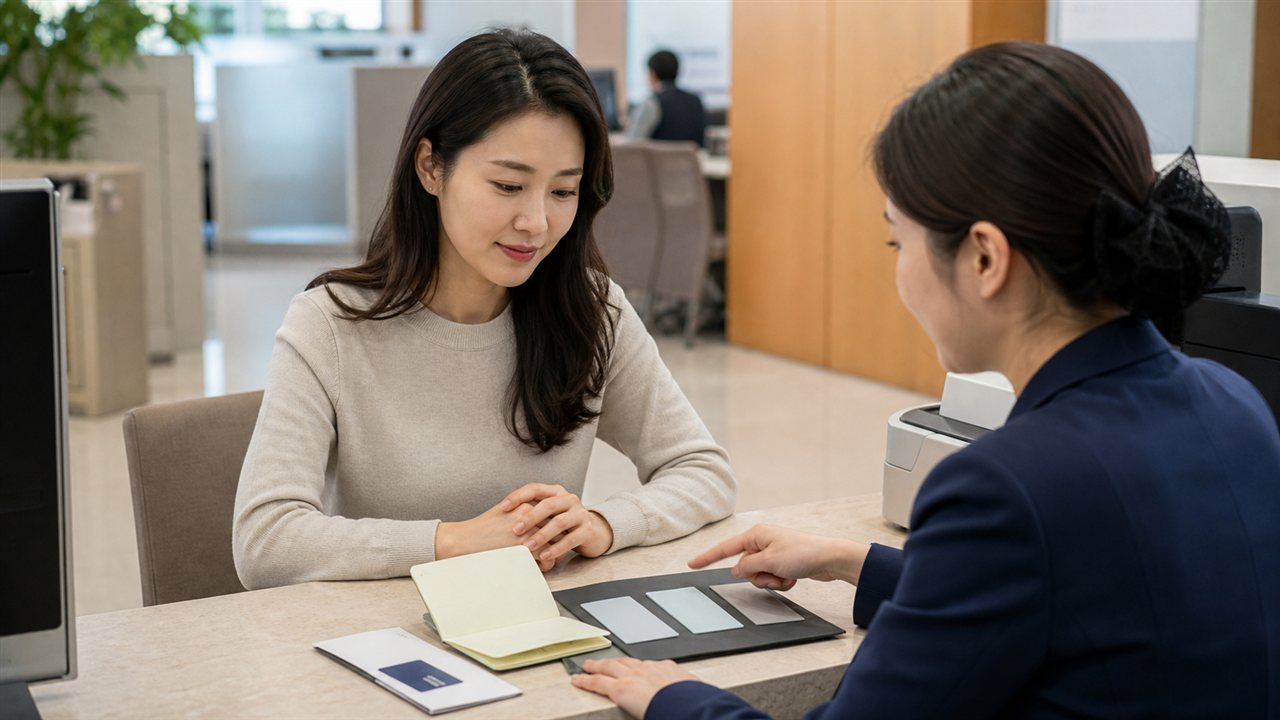 Adult woman reviewing passbook and debit card options with a bank teller.