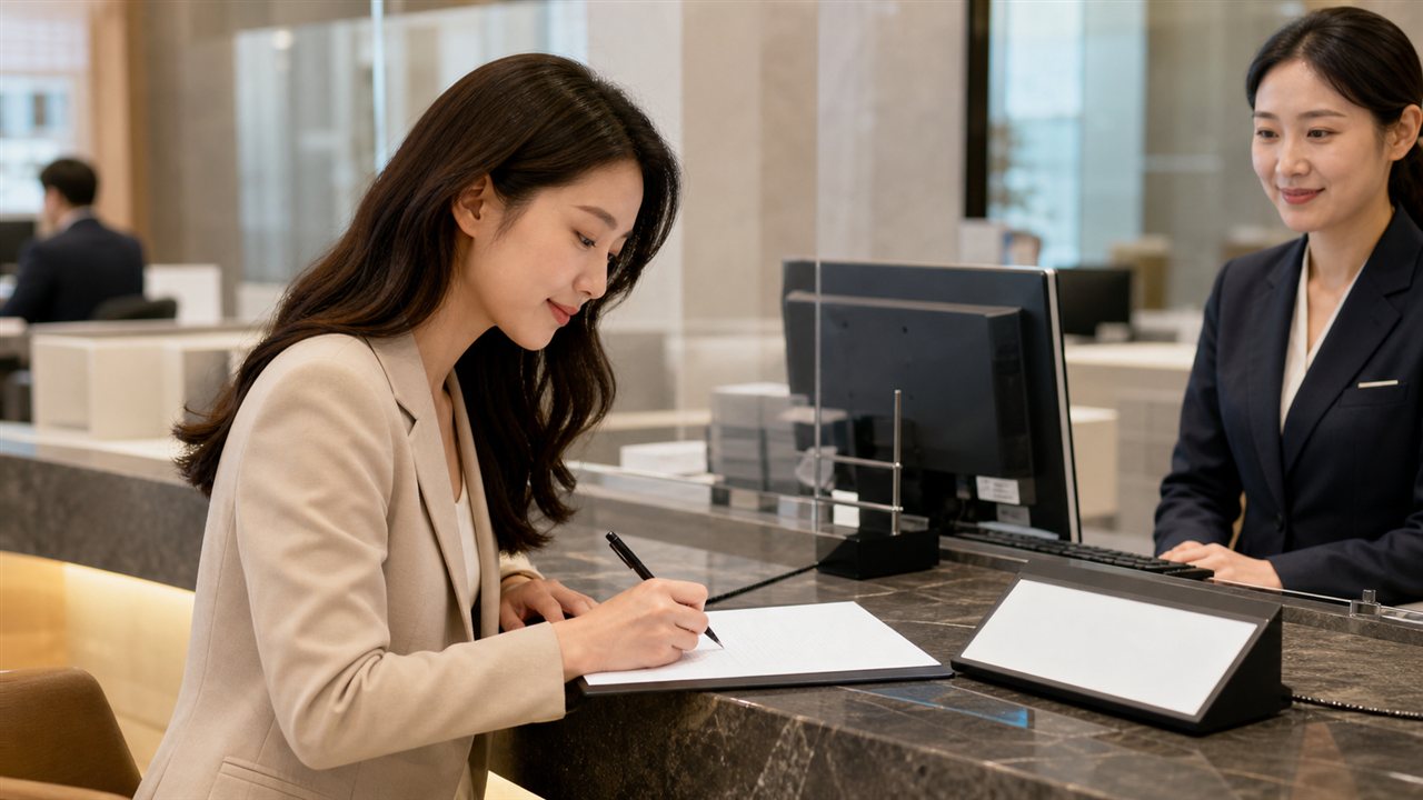 Adult woman signing a blank bank account application form.
