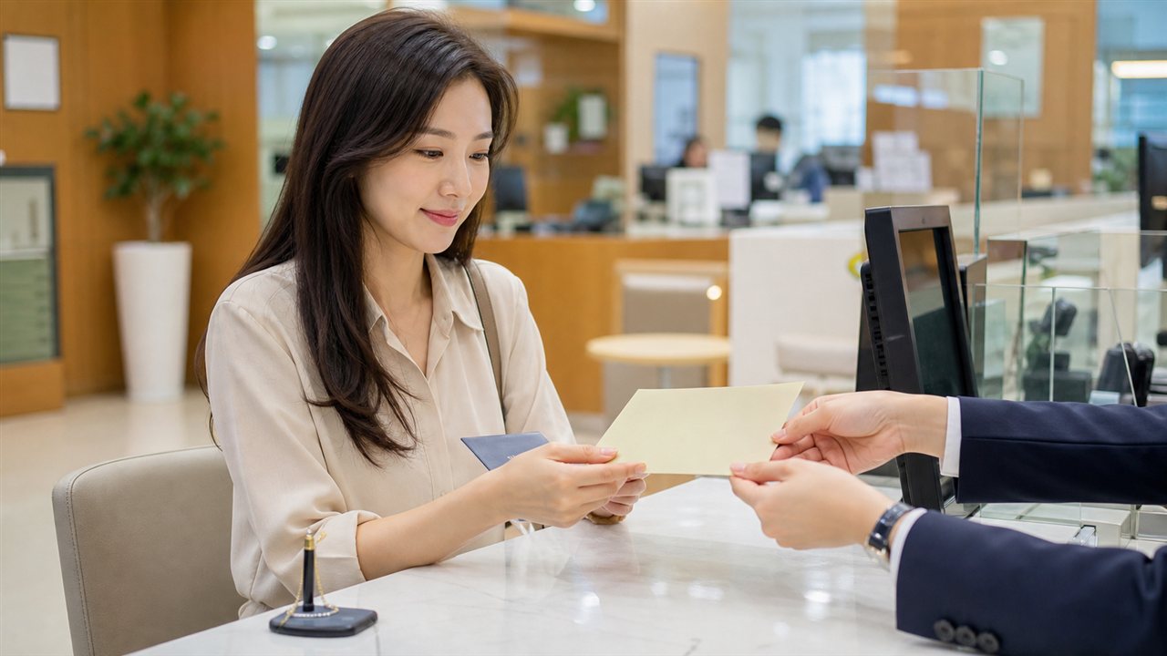 Adult woman receiving a passbook and generic card envelope from a bank teller.
