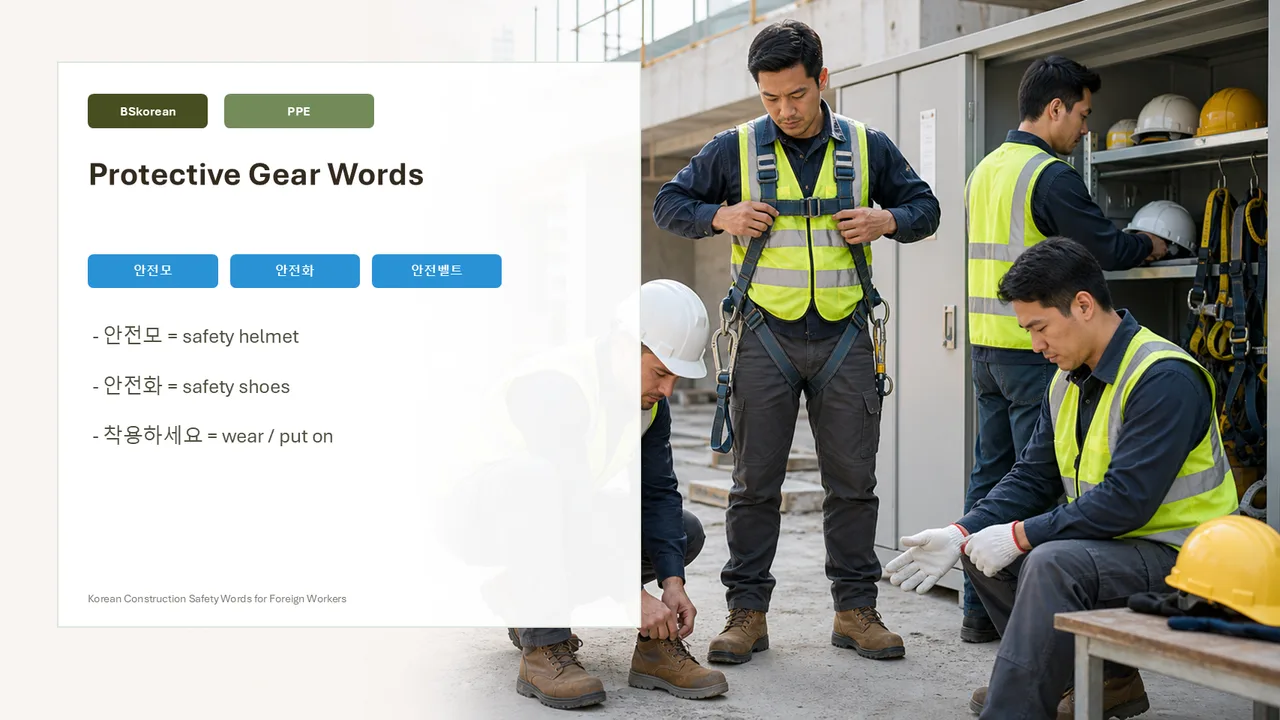 Korean construction PPE vocabulary slide showing helmet, safety shoes, safety belt, gloves, and vest