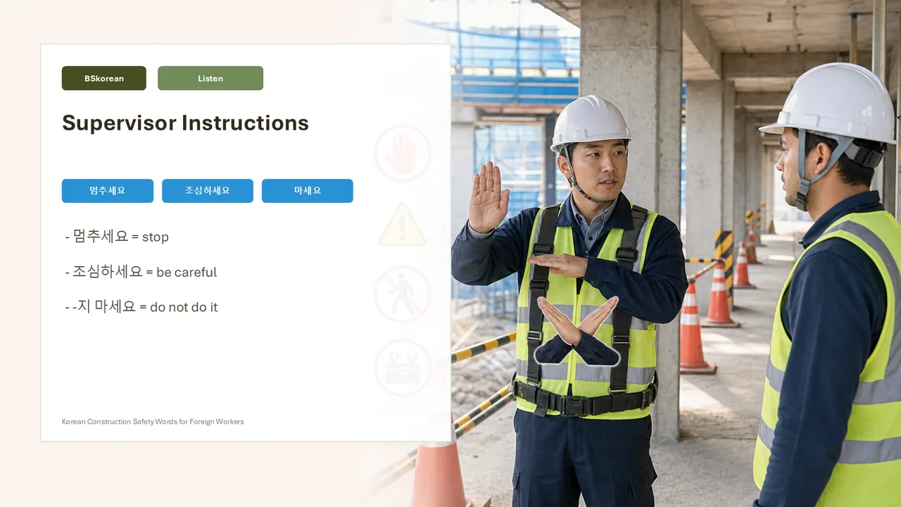Korean supervisor instruction phrases slide showing stop, be careful, and do not enter actions
