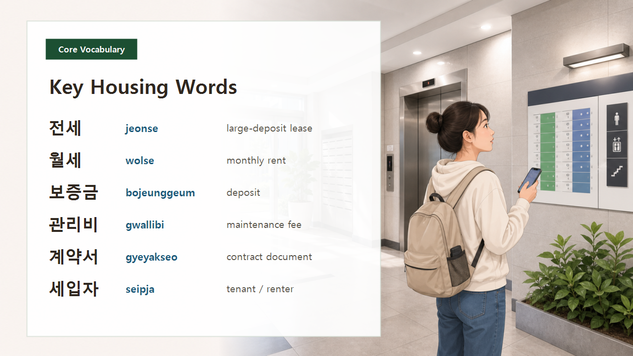 Korean housing words vocabulary slide for jeonse, wolse, deposit, maintenance fee, contract, landlord, and tenant