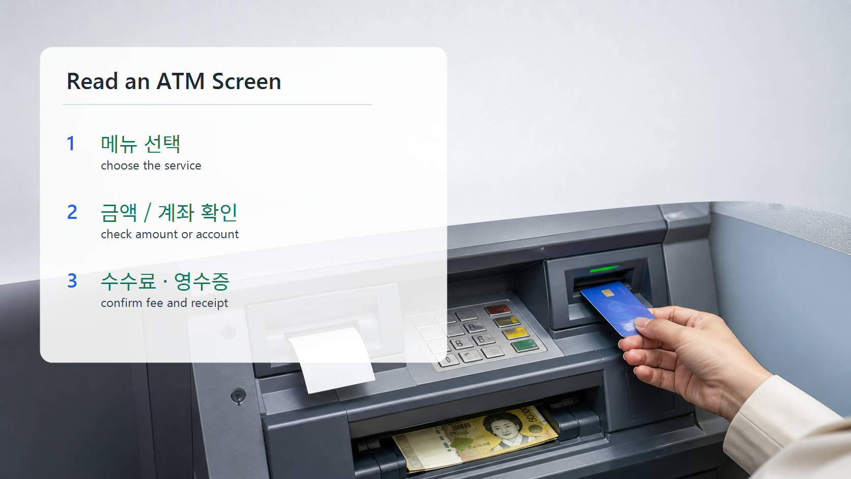 Korean ATM words slide showing three reading steps for menu, amount, fee, and receipt