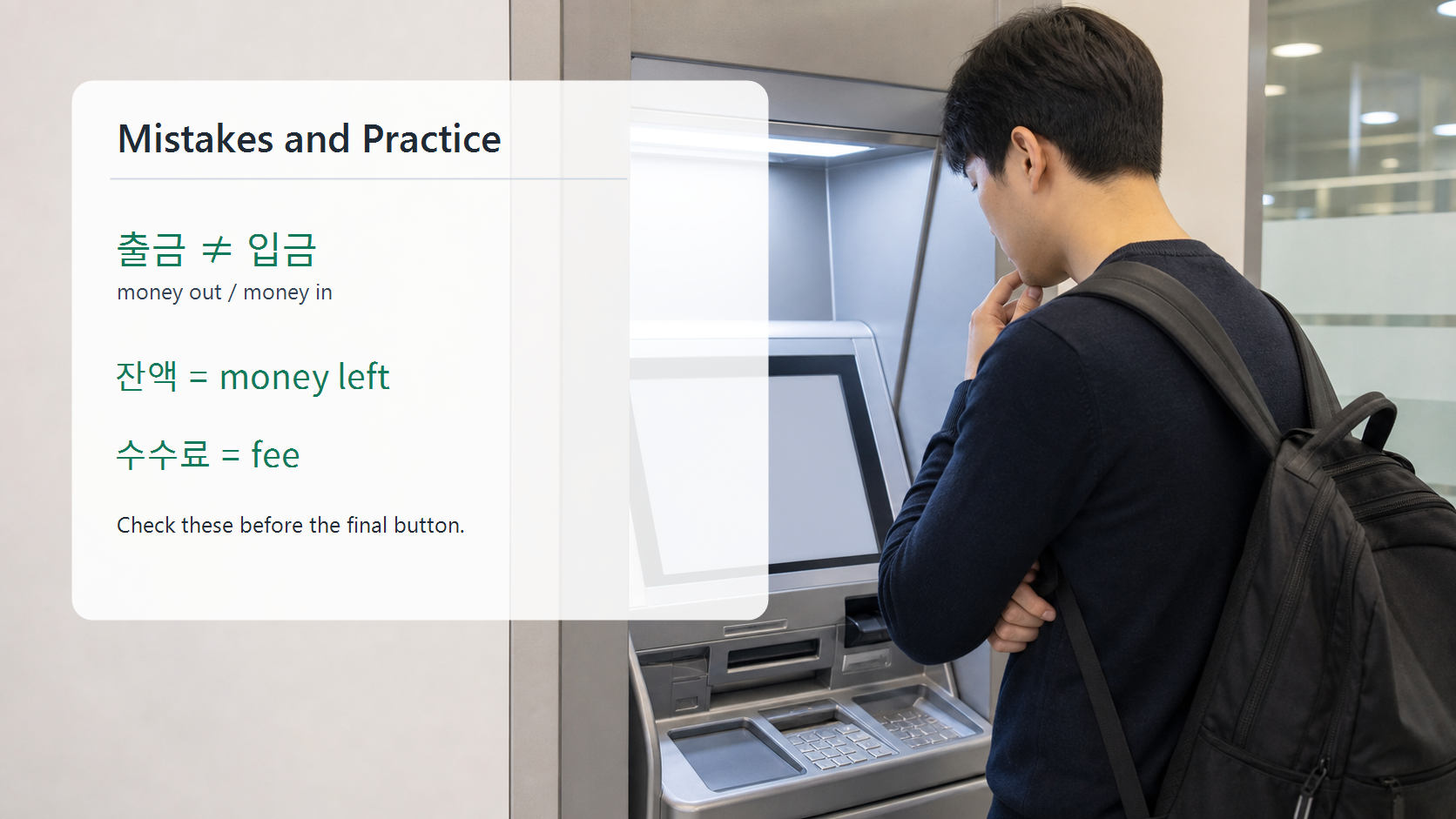 Korean ATM words mistakes slide explaining 출금, 입금, 잔액, and 수수료