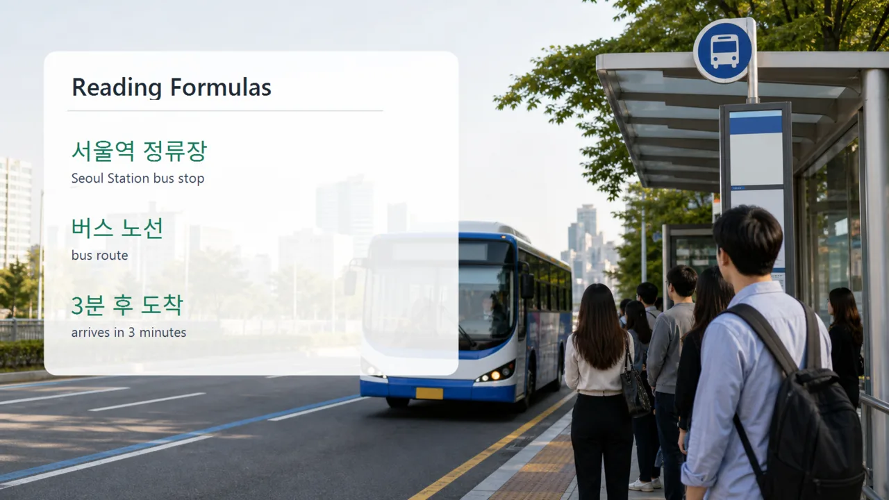 Korean bus stop sign vocabulary reading formulas slide for 정류장, 노선, and 도착