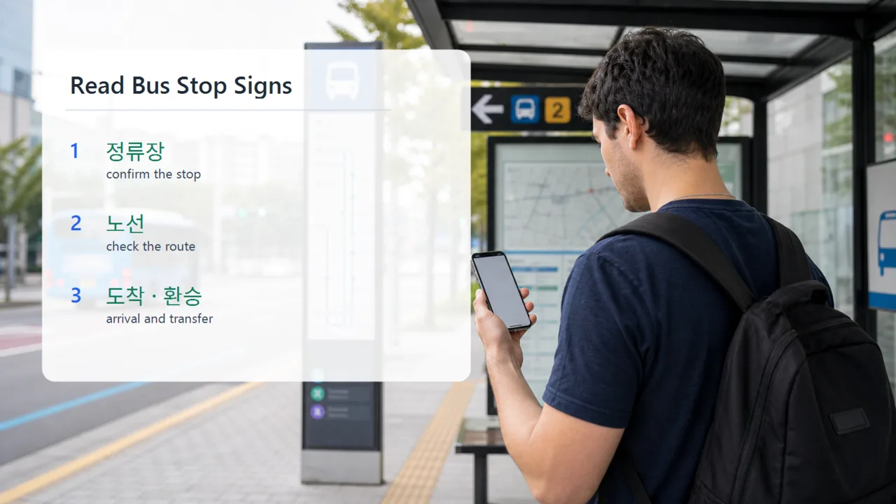 Korean bus stop sign vocabulary slide showing three steps for stop, route, arrival, and transfer