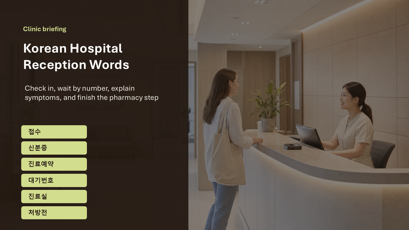 Korean hospital reception words slide with clinic counter