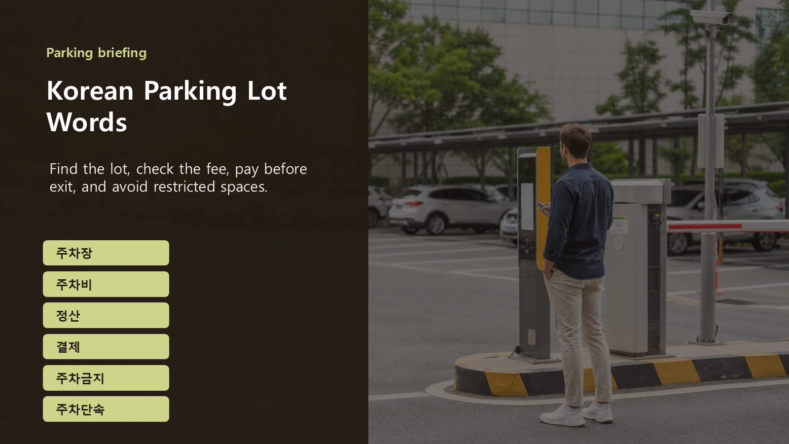 Korean parking lot words slide at a payment kiosk