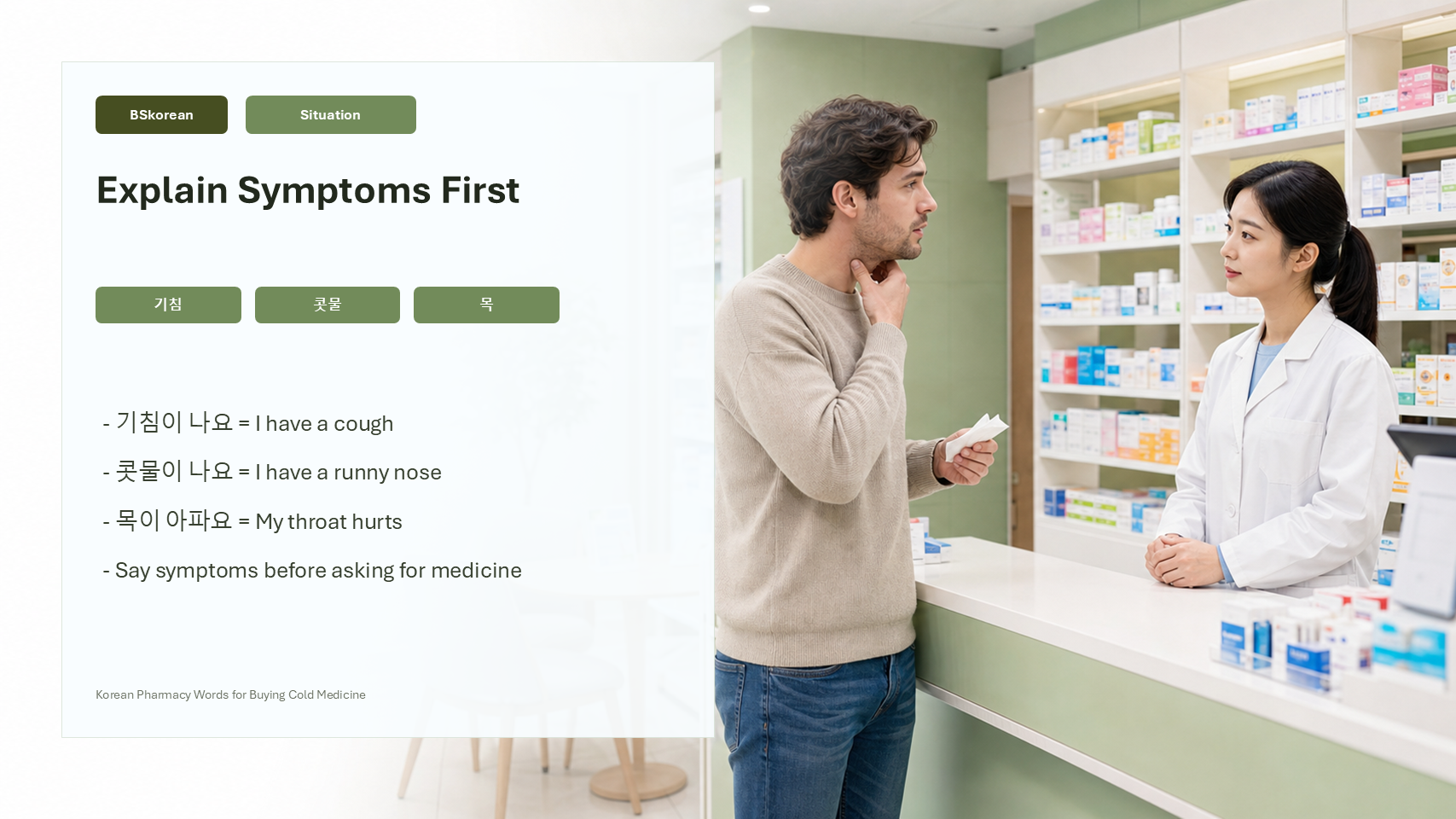 Korean pharmacy symptom explanation slide for cough, runny nose, and sore throat