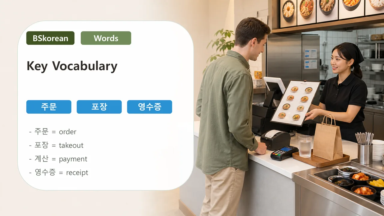 Key vocabulary slide showing Korean restaurant words for order takeout payment and receipt