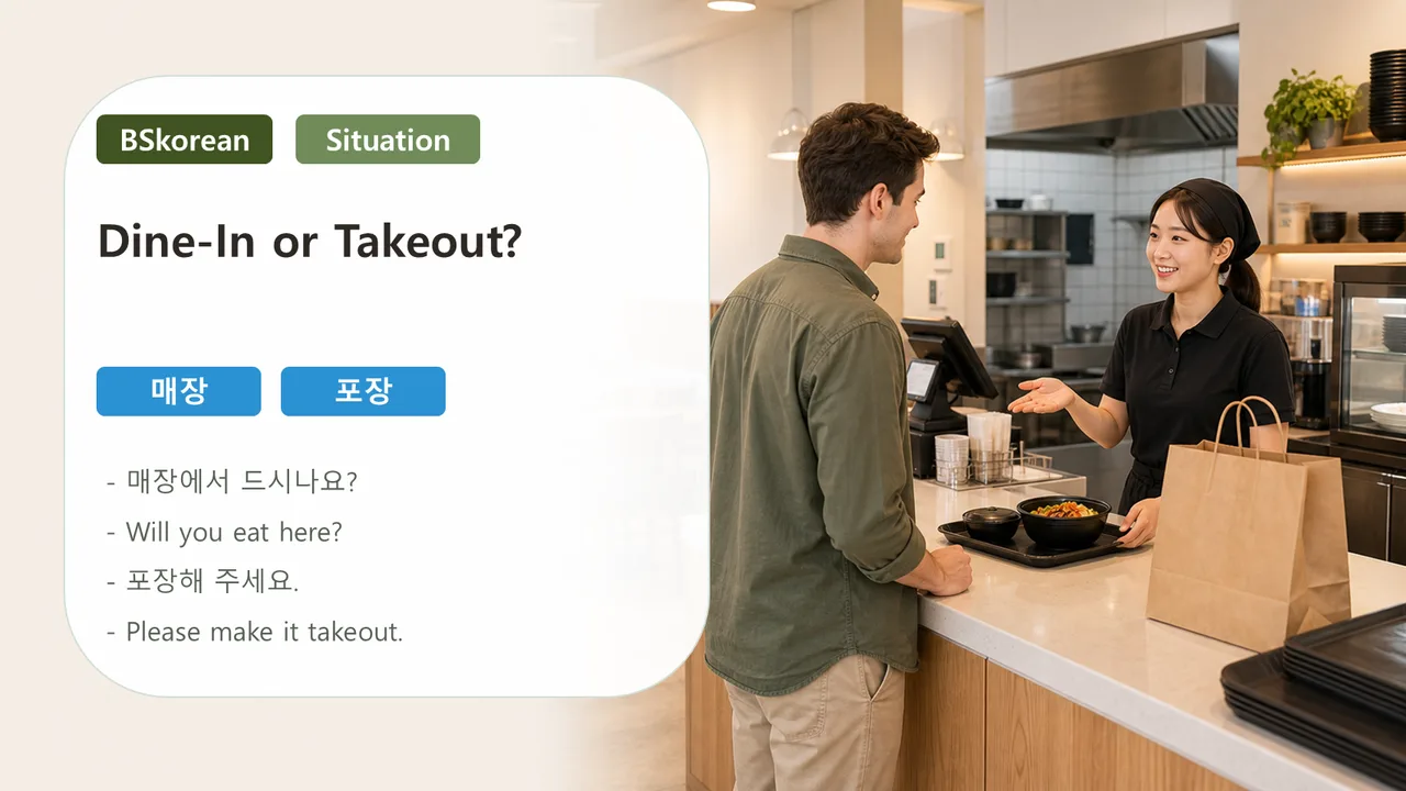 Dine-in or takeout slide explaining 매장 and 포장 in a Korean restaurant