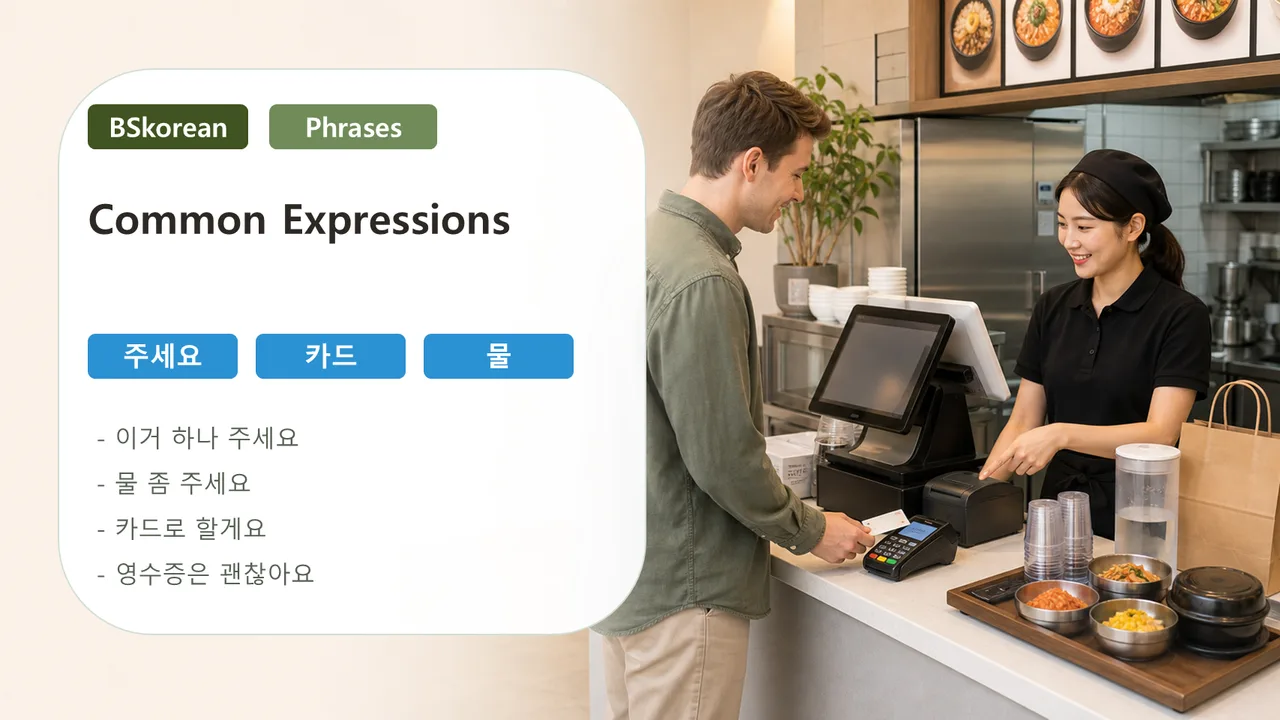 Common expressions slide for Korean restaurant ordering water card and receipt phrases