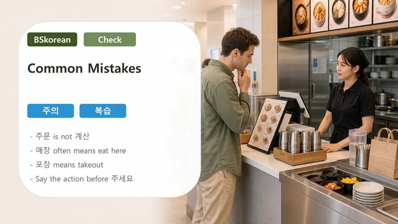 Common mistakes slide for Korean restaurant order words such as 주문 계산 매장 and 포장
