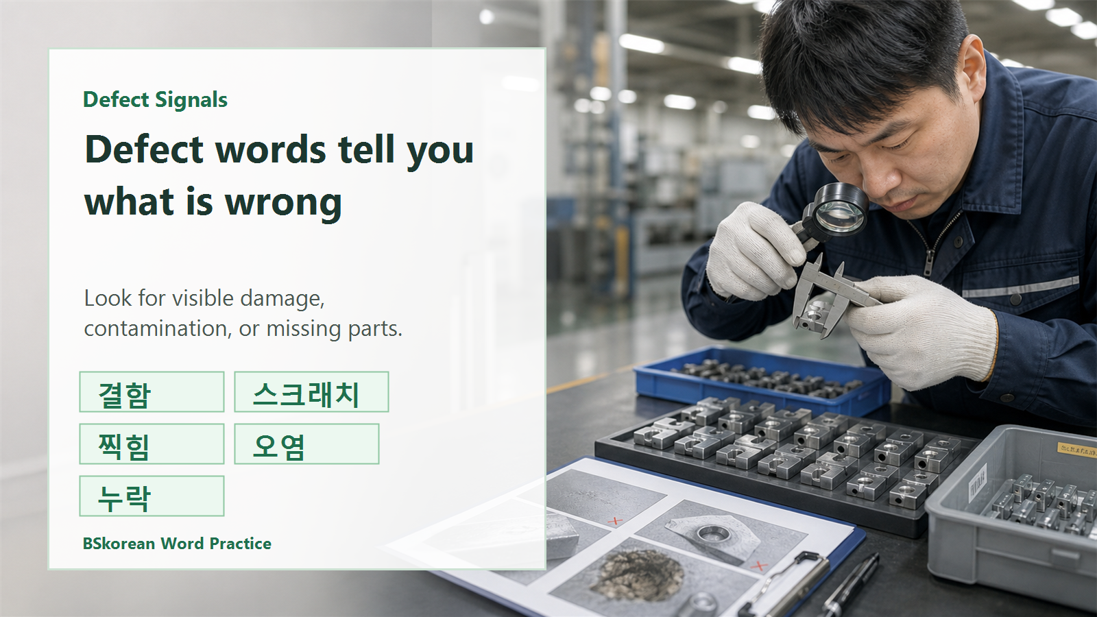 Factory defect vocabulary slide showing scratch, dent, contamination, and missing parts