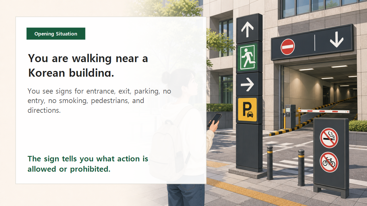 Opening situation slide showing Korean street signs for entrance, exit, parking, prohibition, and pedestrian movement