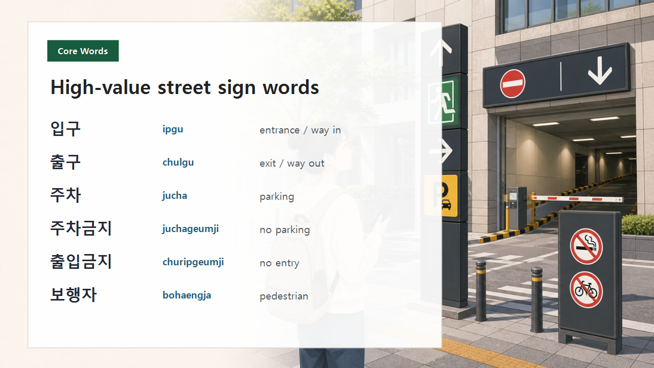 Core vocabulary slide for Korean street sign words such as entrance, exit, parking, no parking, no entry, and pedestrian