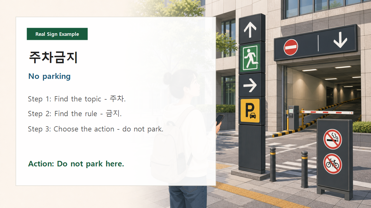 Real-life street sign example slide explaining how to read Korean signs as rules and actions