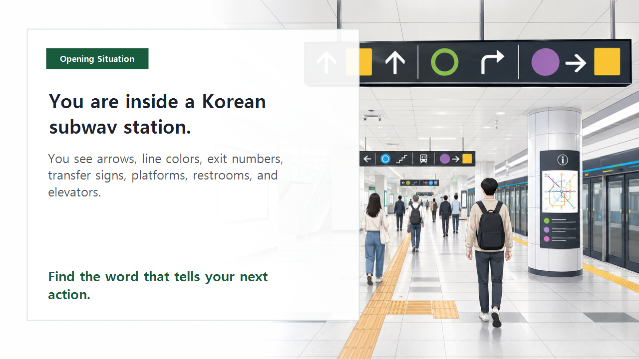 Opening situation slide showing a Korean subway station with arrows, line colors, platform signs, and passengers