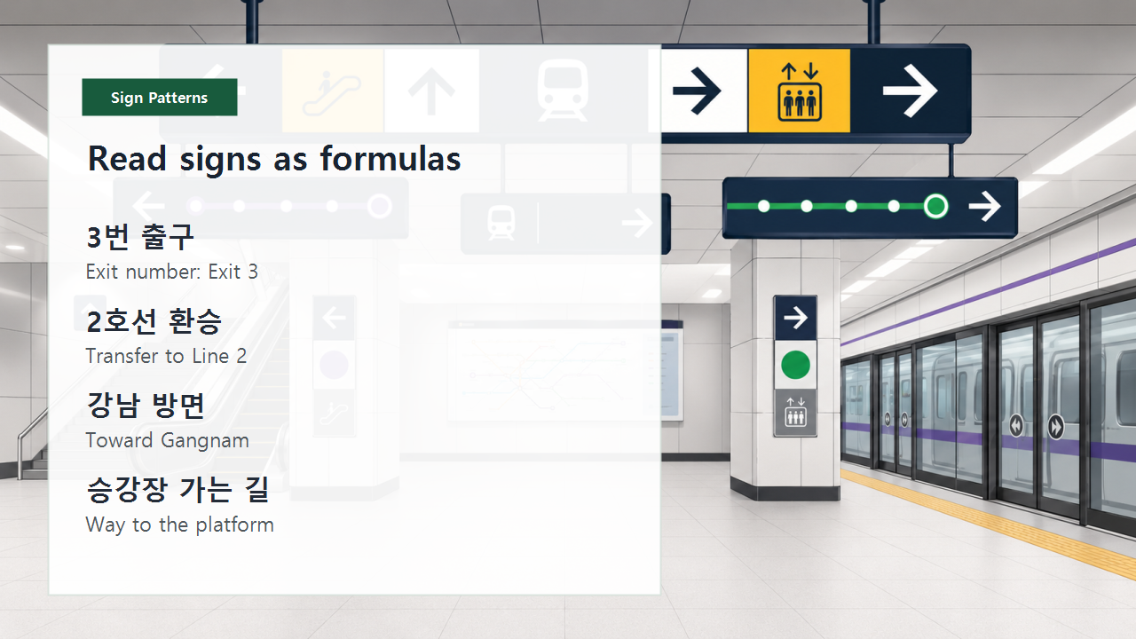 Korean subway sign pattern slide showing exit number, line transfer, direction, and way-to patterns