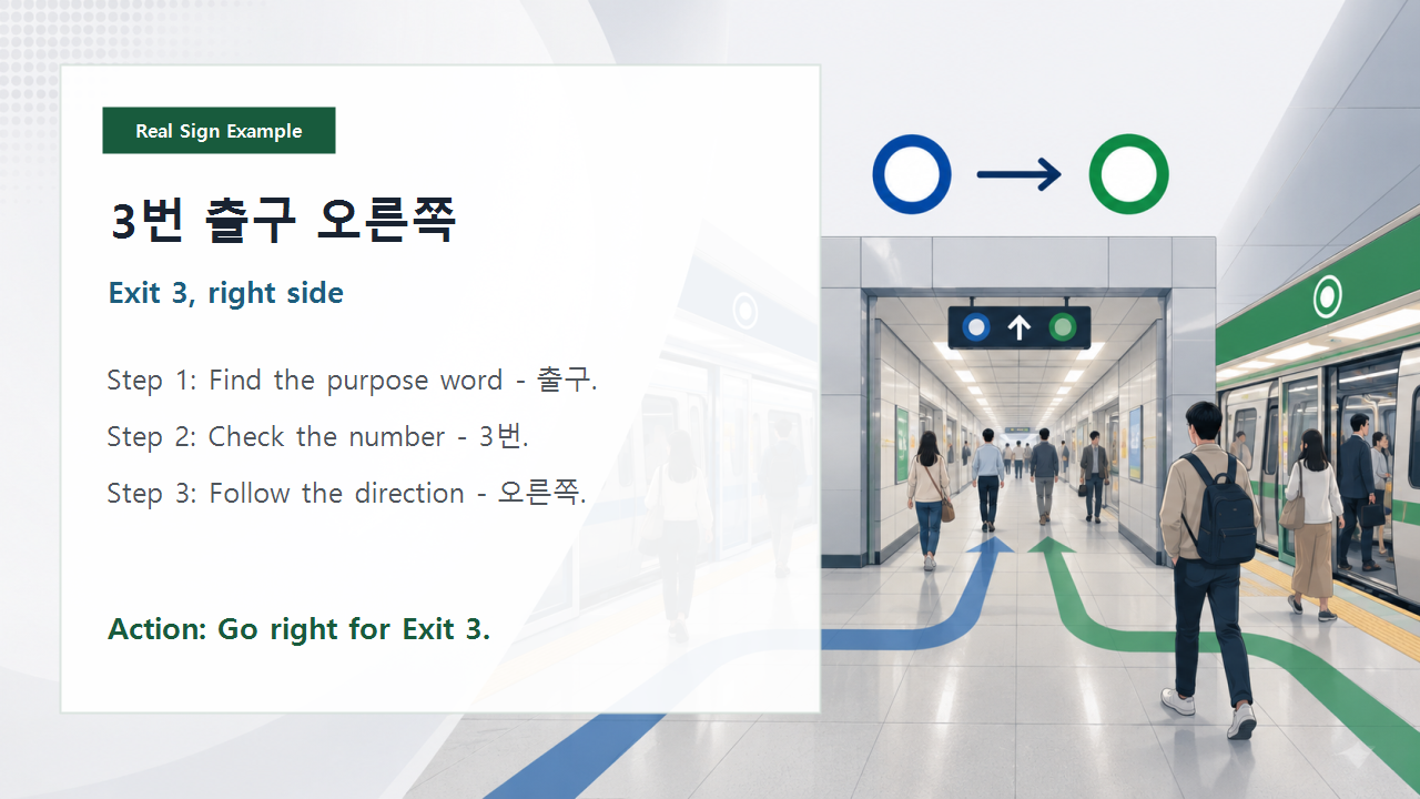 Real-life subway sign example slide explaining how to read purpose word, detail, and arrow