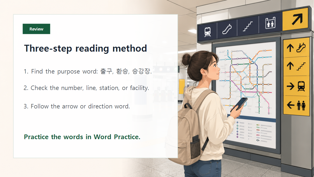Korean subway sign vocabulary review slide with practice steps and quiz focus