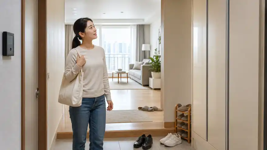 Textless generated photo of a new resident at a Korean apartment entry and living room.