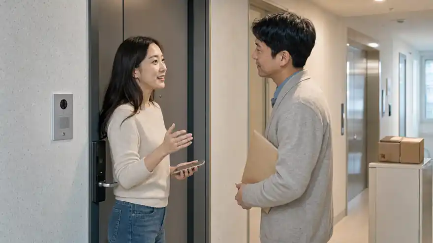 Textless generated photo of a polite housing conversation in a Korean apartment hallway.