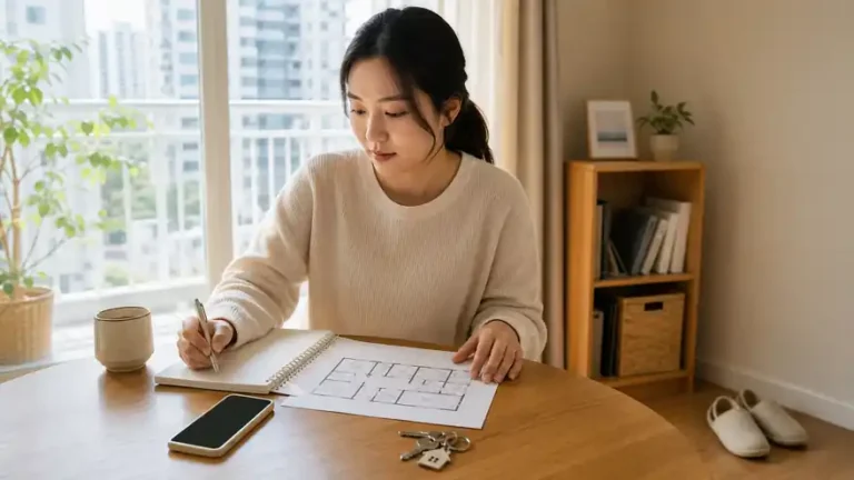 Textless generated photo of a learner reviewing Korean housing vocabulary at home.