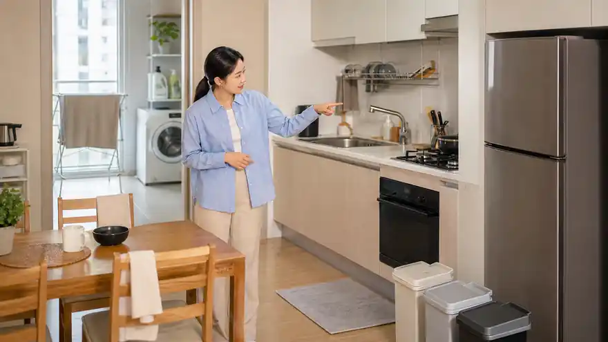 Textless generated photo of Korean apartment kitchen and laundry objects for housing vocabulary.