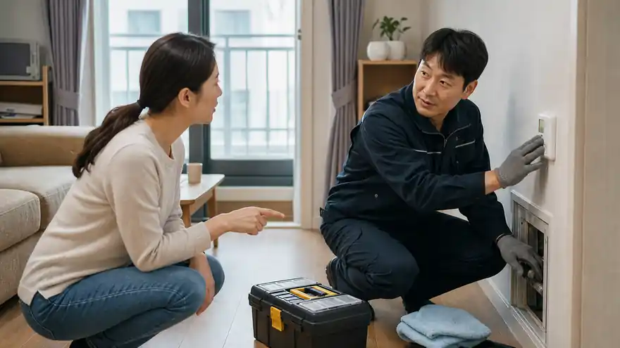 Textless generated photo of a calm apartment maintenance request scene in Korea.
