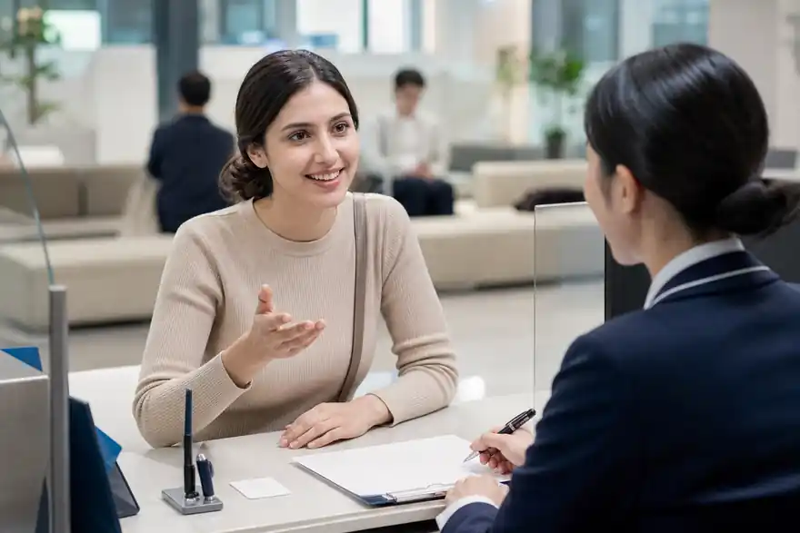 Textless generated photo of a learner politely asking a bank clerk a question with blank forms on the desk.