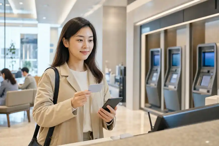 Textless generated photo of a learner preparing to ask for help in a modern Korean bank lobby.