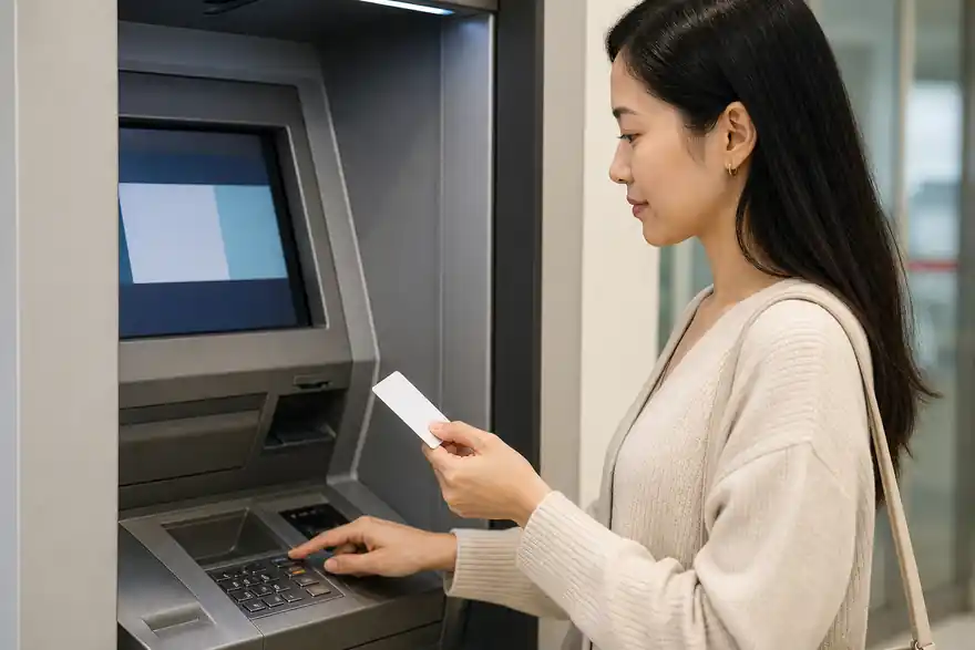 Textless generated photo of a learner using a Korean ATM with a blank screen and no readable numbers.