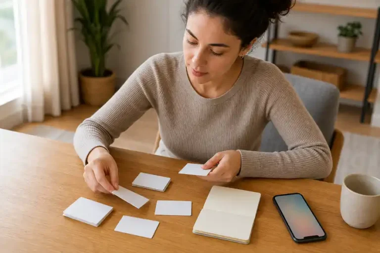 Textless generated photo of a learner reviewing bank and ATM phrases with blank flashcards at home.