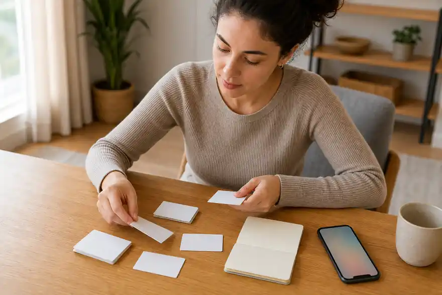 Textless generated photo of a learner reviewing bank and ATM phrases with blank flashcards at home.