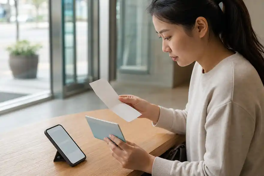 Textless generated photo of a learner reviewing blank banking papers and a smartphone after a bank visit.