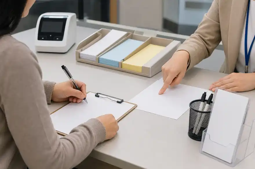 Textless generated photo of a learner filling out a blank application form at a public service office.