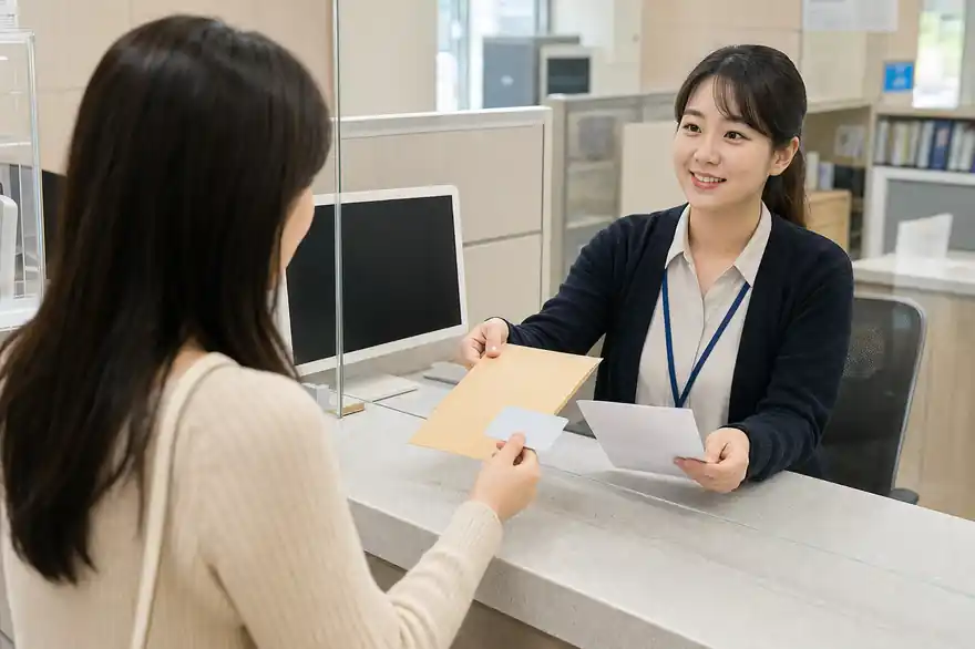 Textless generated photo of a clerk handing a blank certificate envelope after an identity check at a public counter.