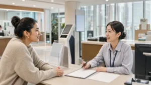 Textless generated photo of an adult learner asking a Korean community center clerk about civil documents at a blank counter.