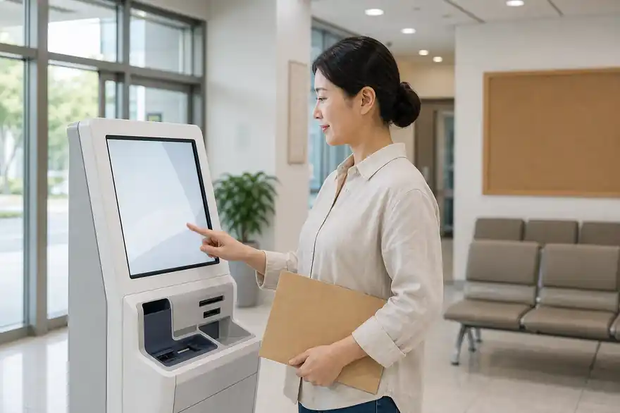 Textless generated photo of a learner using a blank self-service document kiosk in a Korean public-service lobby.